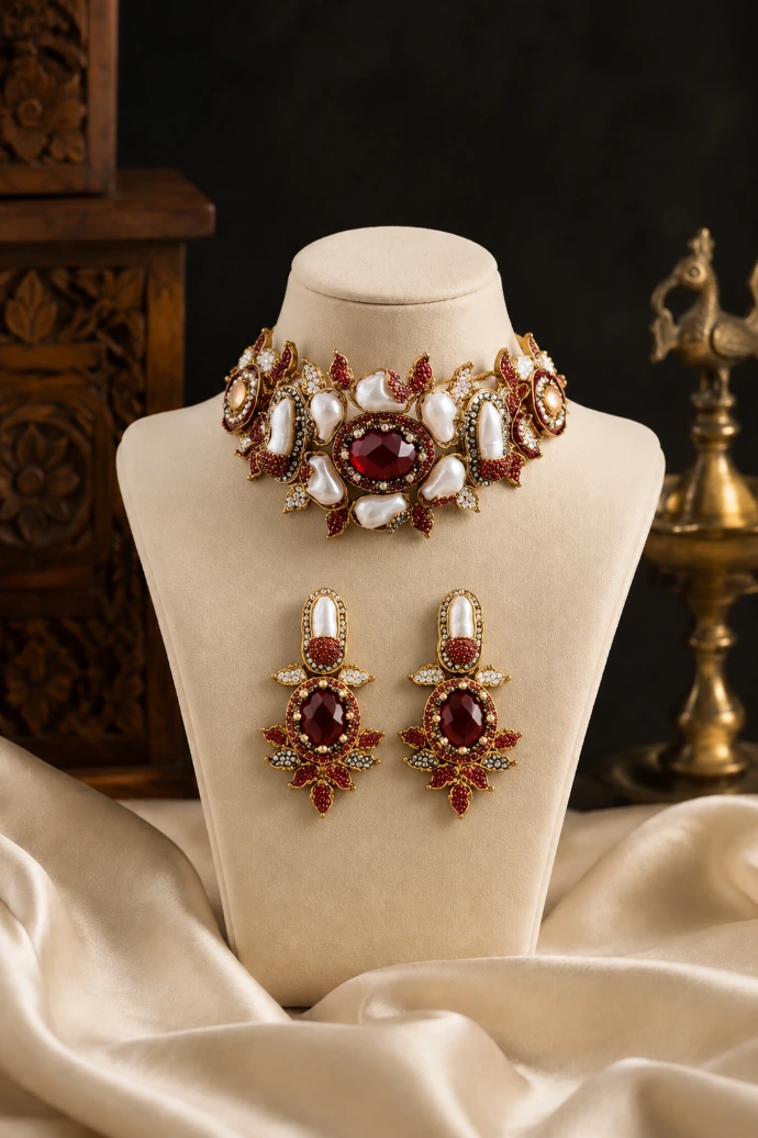Subtle Vintage Pearl Ruby Chokar Set