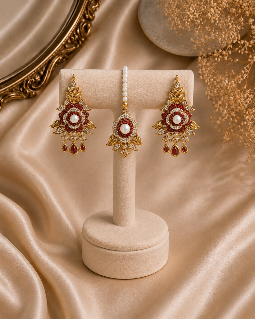 Crimson Bloom Earrings & Tikka Set