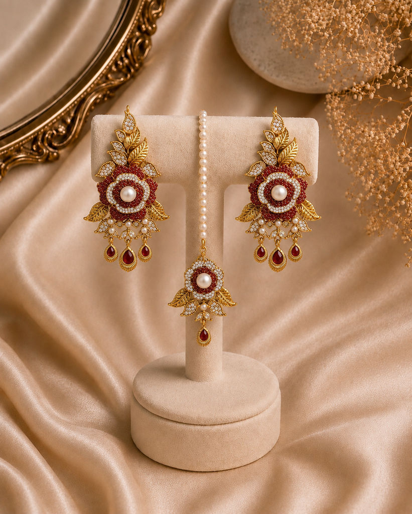 Crimson Bloom Earrings & Tikka Set