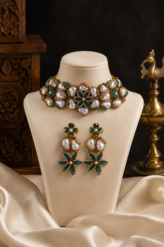 Emerald Pearl Bloom Choker Set
