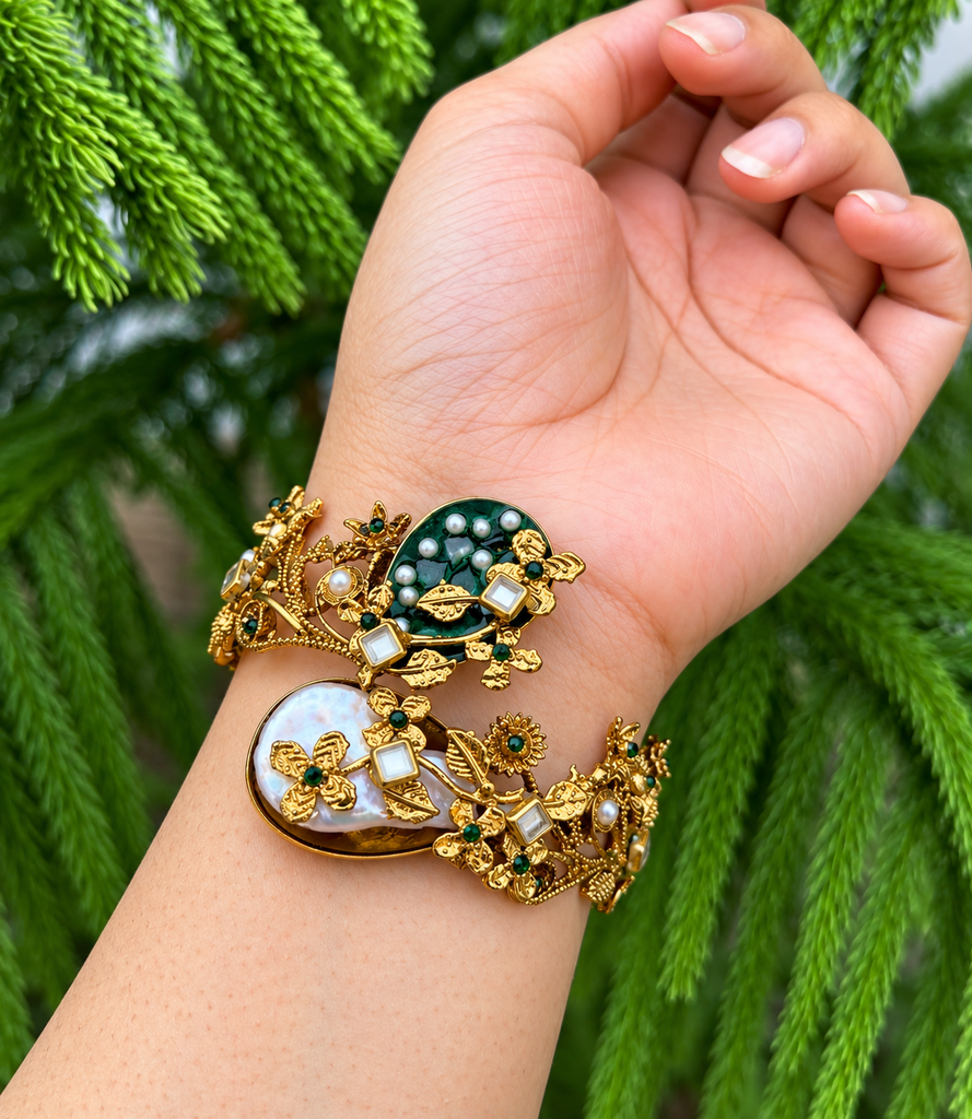 The Royal Emerald & Baroque Pearl Filigree Cuff (2.8)