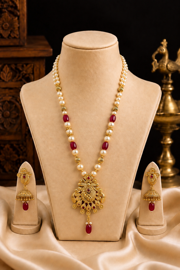 Ruby Pearl South Indian Mala Set