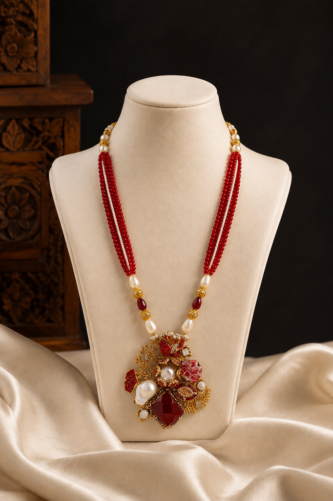 Velvet Ruby Cluster Pendant Mala