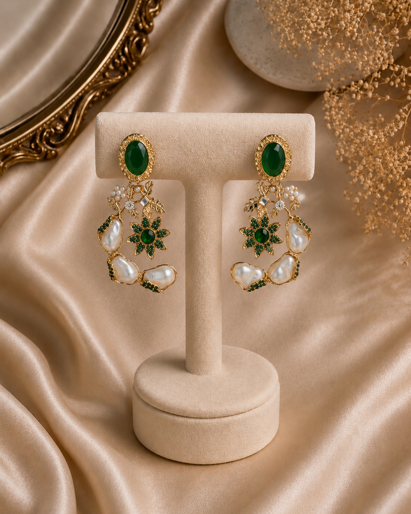 Emerald Bloom Pearl Earrings