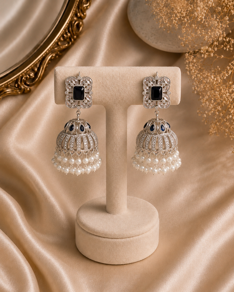 Midnight Sapphire & Pearl Jhumkas