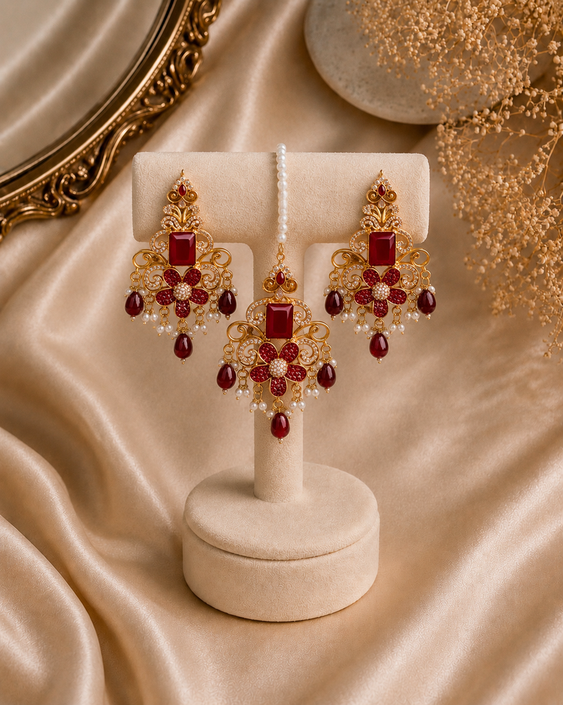 The Gulnaz Ruby & Pearl Earrings Tikka Set