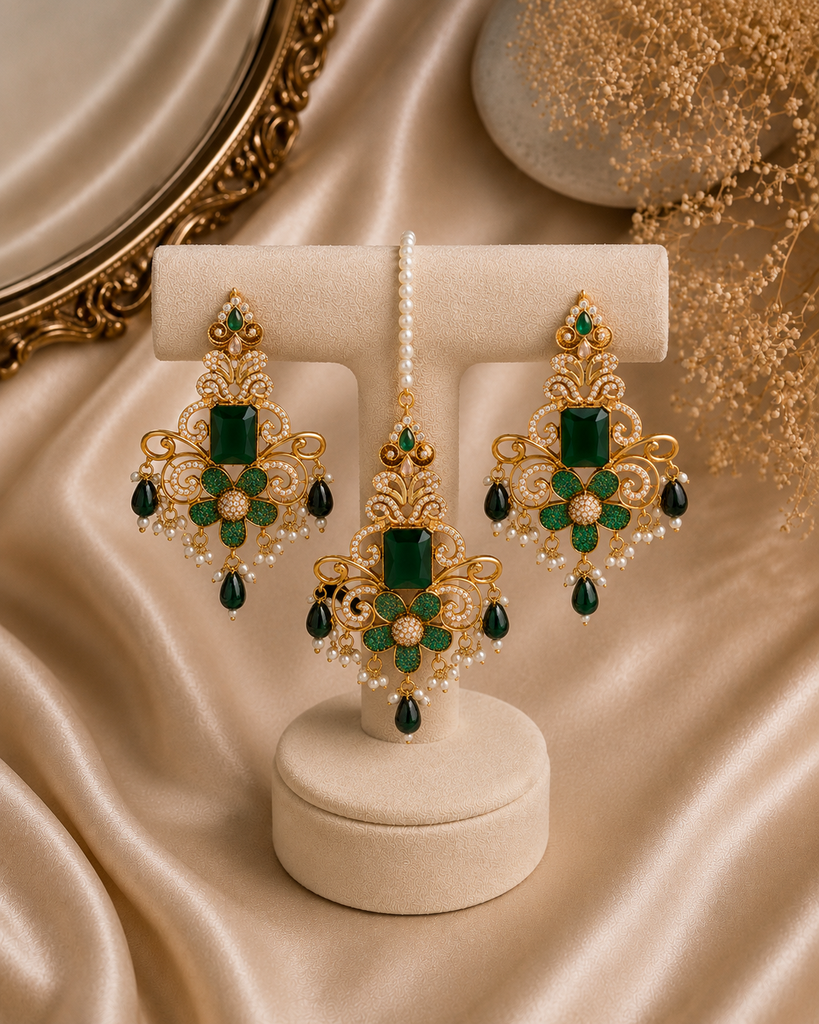 The Emerald Zohra Earrings & Maang Tika Set