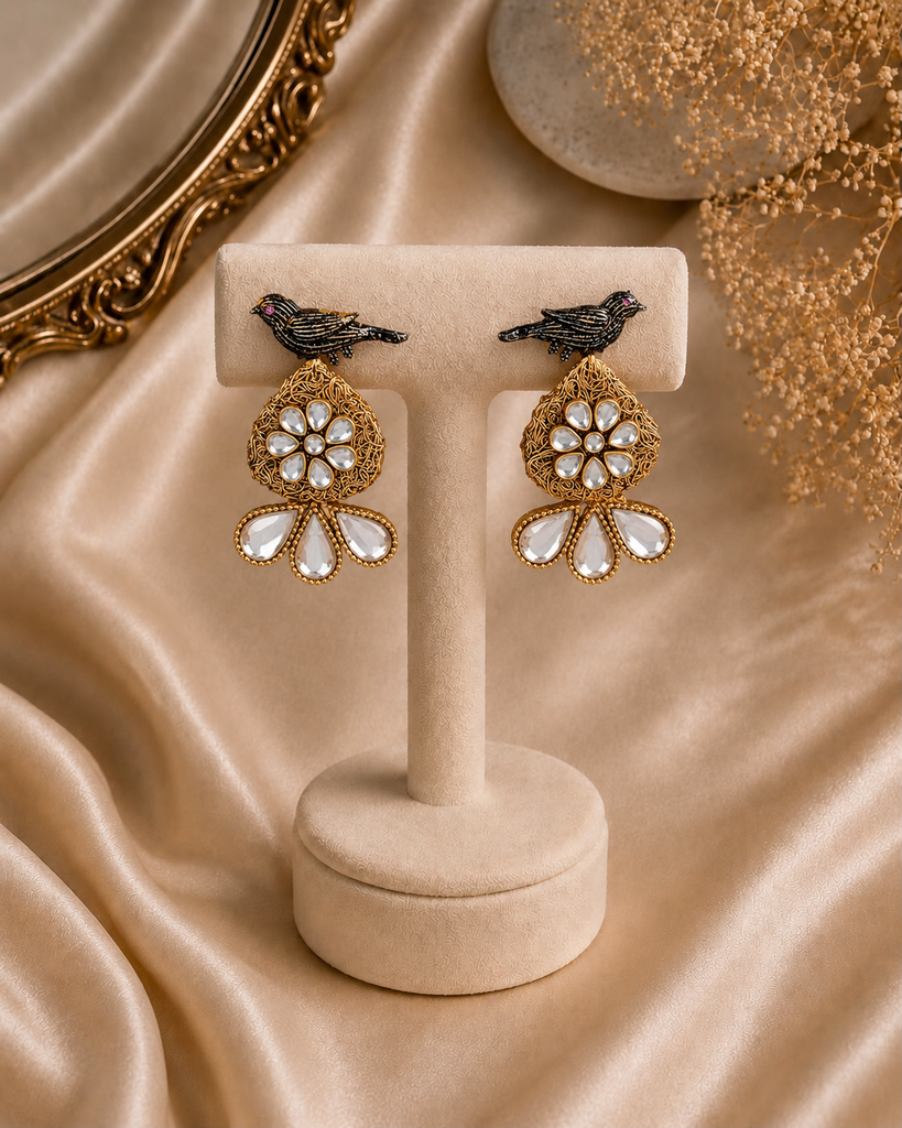 Midnight Bird Kundan Drop Earrings